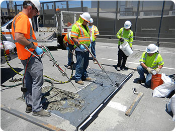 Fast patch concrete repair product is easy to use. Road repair for concrete holes on highways, freeways and roads